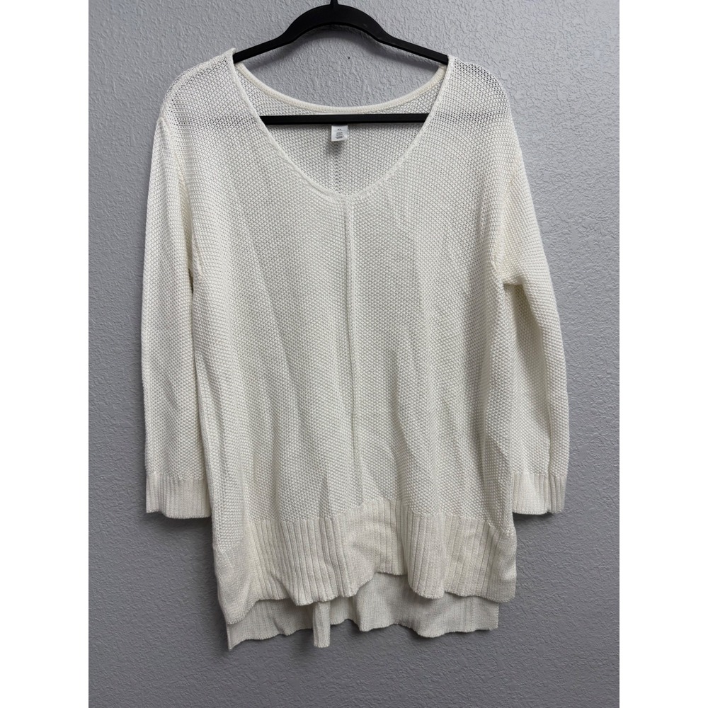 White House Black Market Ivory‎ Textured V-Neck Sweater XL 3/4 Sleeve Minimal